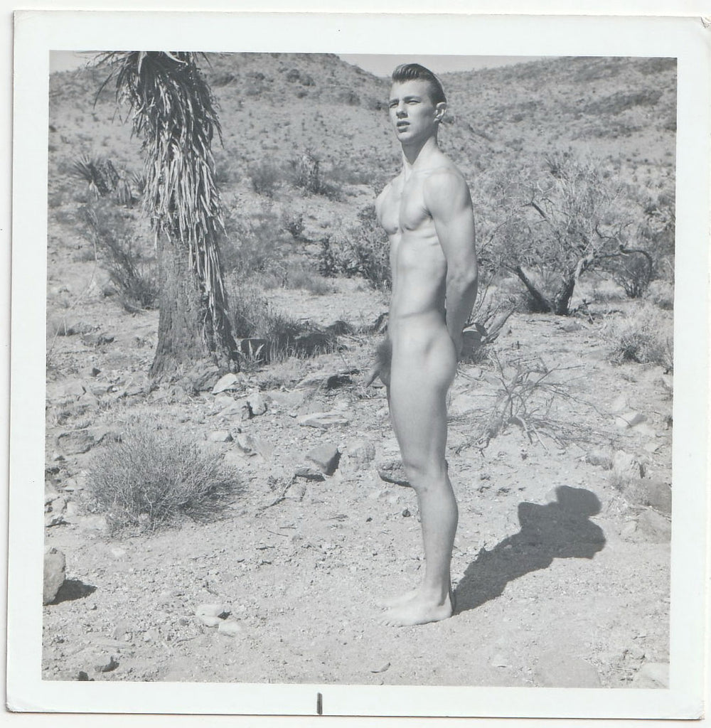 Standing naked as he squints in the sunshine. Looks like Joshua Tree. Vintage gay photo.
