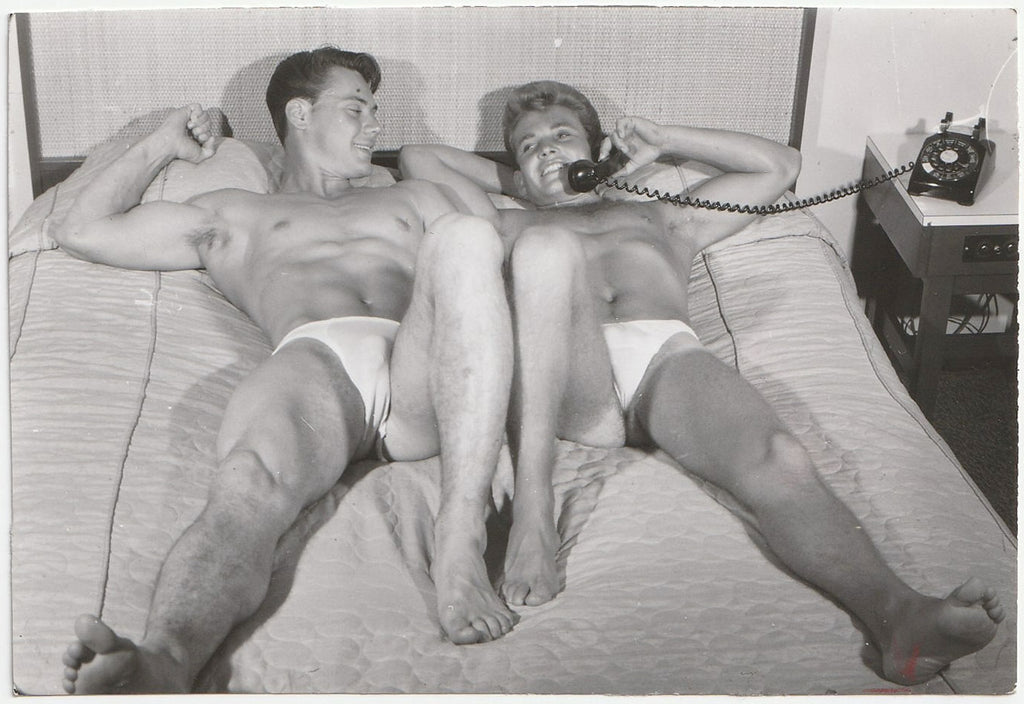 Two Muscle Boys Reclining on Bed vintage gay photo