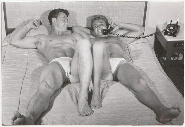 Two Muscle Boys Reclining on Bed vintage gay photo
