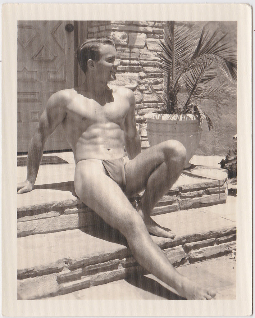 Handsome Bodybuilder Sitting on Front Steps vintage physique photo