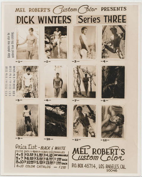 Rare photo catalog sheet: "Mel Robert's Custom Color Presents Dick Winters Series Three." Vintage gay physique photo.