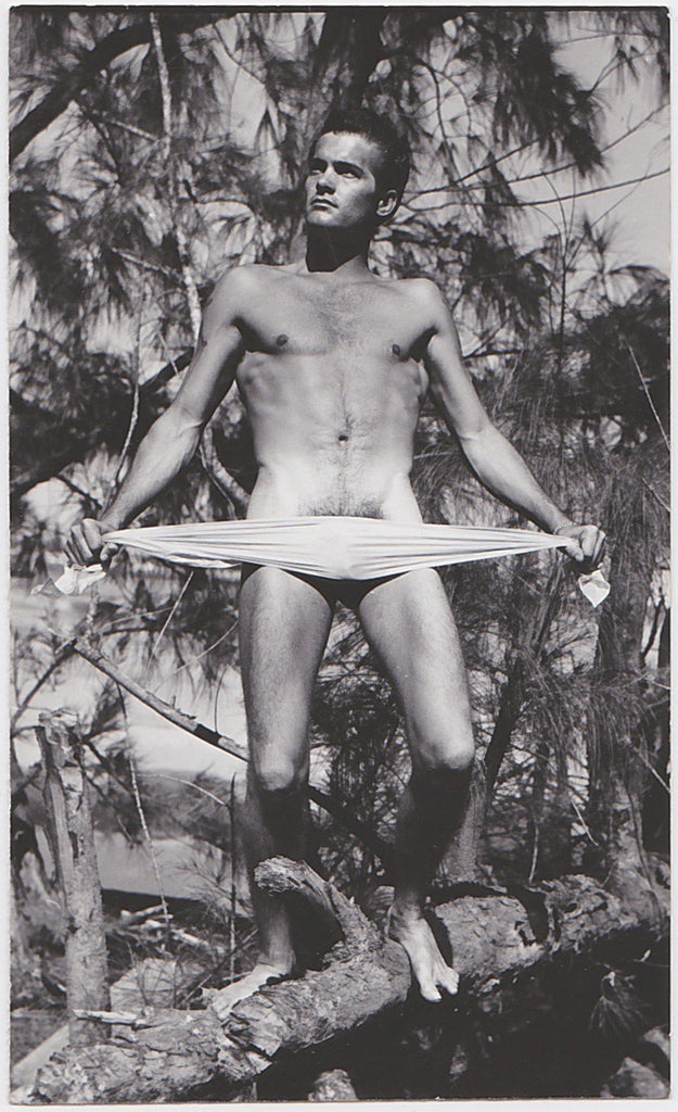 Naked Guy Standing on a Log vintage gay snapshot