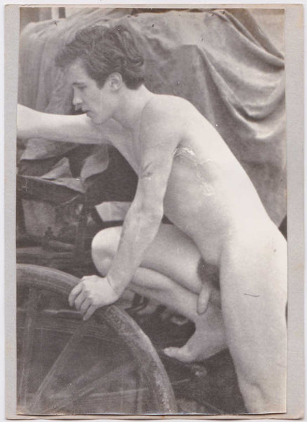 Male Nude Climbing Wagon Wheel vintage gay photo