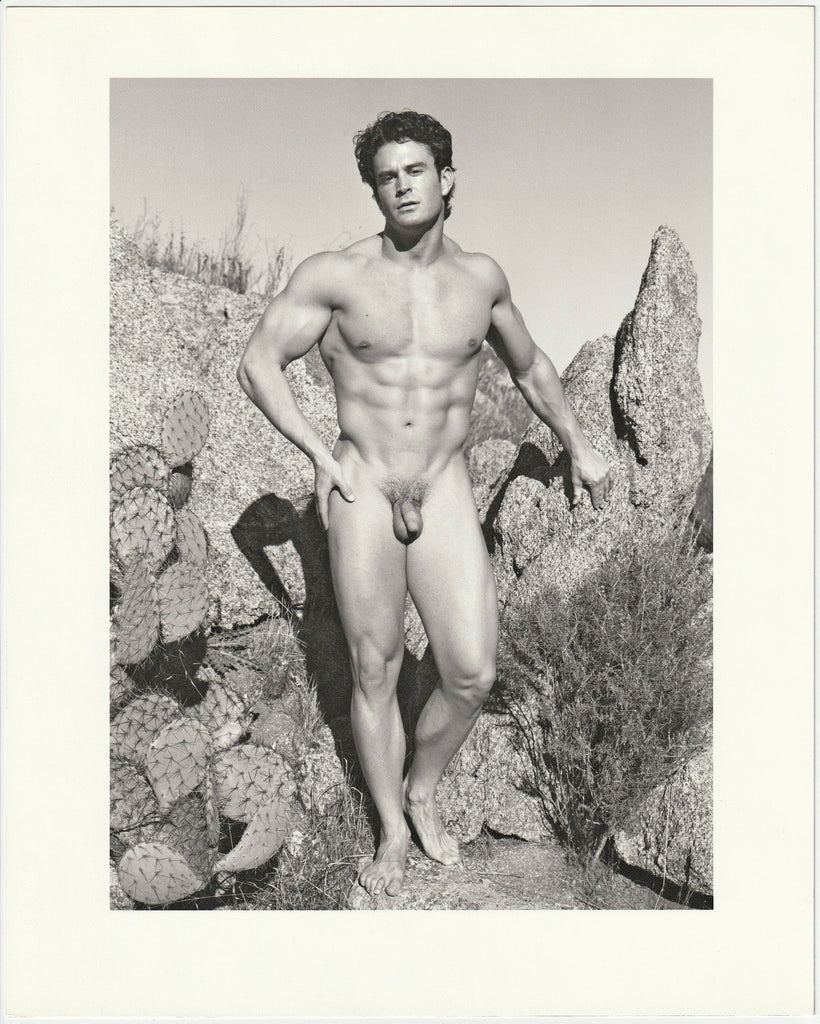 Bodybuilder with Prickly Pear: Paul Burkhart vintage male nude physique photo.