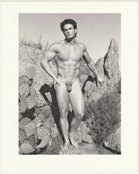 Bodybuilder with Prickly Pear: Paul Burkhart vintage male nude physique photo.