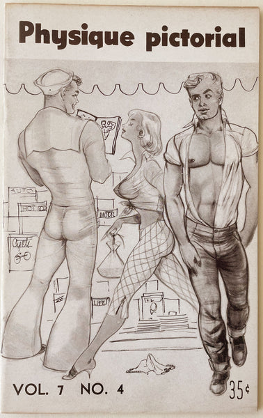 Physique Pictorial, Vol 7, No. 4, Winter 1957. Vintage gay magazine Art Bob cover drawing.
