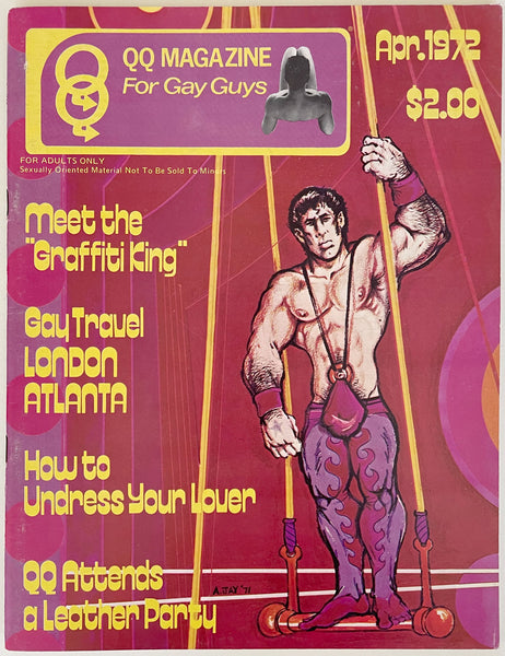 Vintage magazine cover for QQ Magazine for Gay Guys from April 1972 with a illustrated man and text.