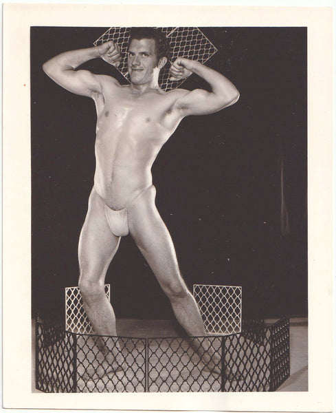 A black and white vintage gay physique photograph of a muscular male model in a posing strap flexing his biceps.