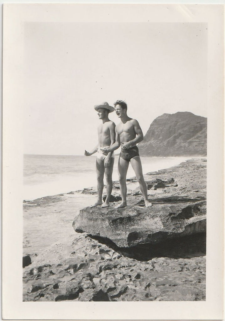 A vintage gay black and white photograph depicting two young men standing on a rocky beach cliff, with the ocean and a hill in the background.