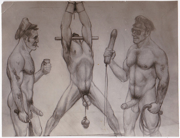 Vintage print of a drawing (artist unknown). Two tough guys working over their slave.