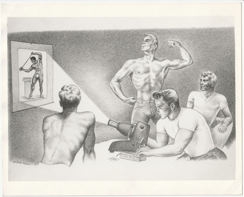 Rare vintage print of an original drawing of an AMG slide show. Stamped on verso: William M. Maclane Studios, Seattle, Washington.