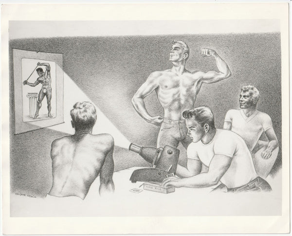 Rare vintage print of an original drawing of an AMG slide show. Stamped on verso: William M. Maclane Studios, Seattle, Washington.