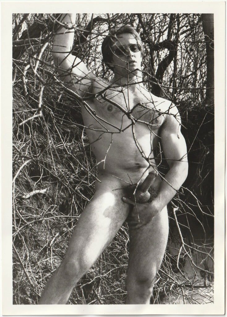 Handsome Bruce Steele stands naked in the woods. Target Studios vintage gay photo.