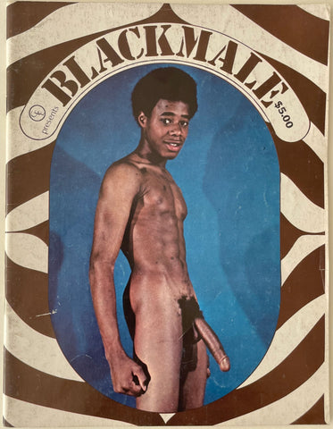 Vintage adult magazine cover titled 'BLACKMALE' featuring a nude male model against a blue oval background.