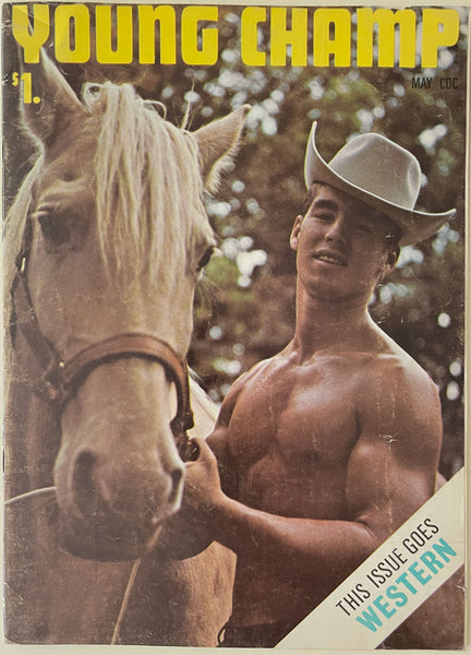 Vintage gay magazine cover titled "Young Champ" featuring a shirtless cowboy in a white hat standing beside a light-colored horse. "This Issue Goes Western."