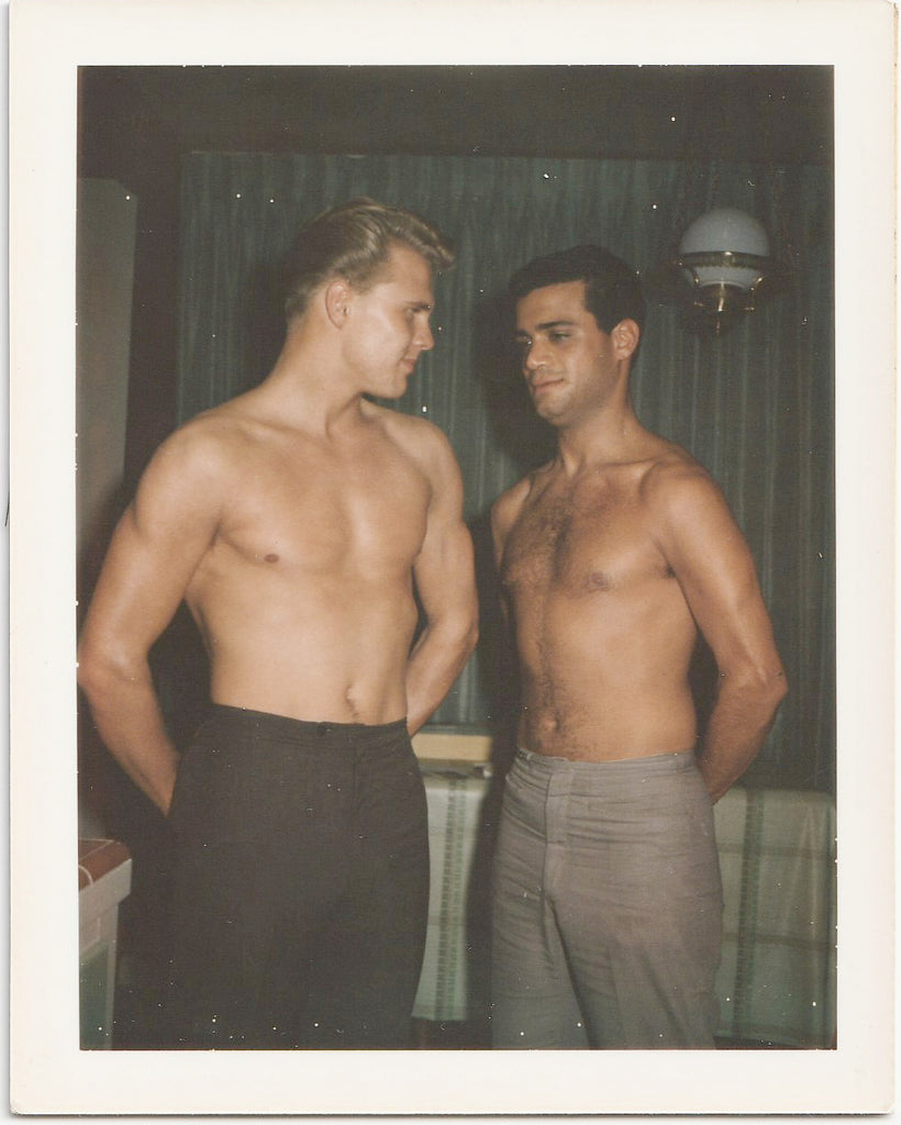 Two handsome shirtless Men Locking Eyes vintage gay color Polaroid