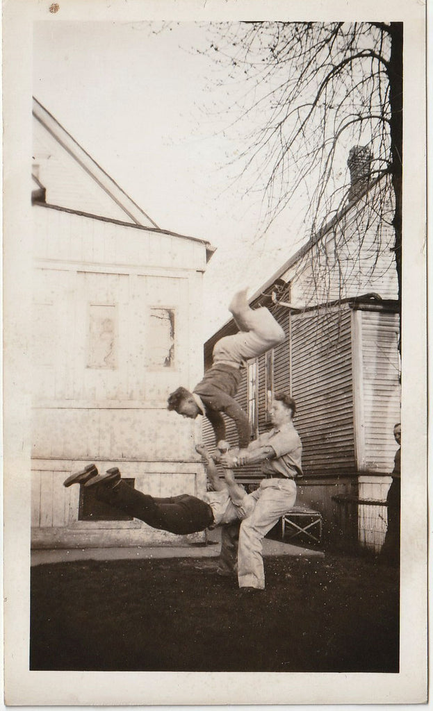 Three Backyard Acrobats vintage snapshot c. 1940s