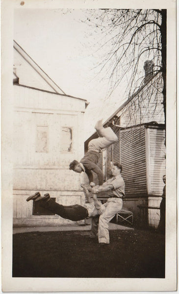 Three Backyard Acrobats vintage snapshot c. 1940s