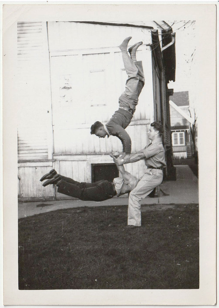 Three Backyard Acrobats vintage snapshot c. 1940s