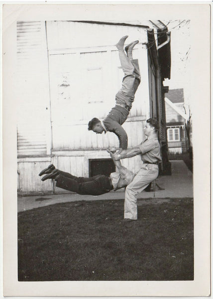 Three Backyard Acrobats vintage snapshot c. 1940s