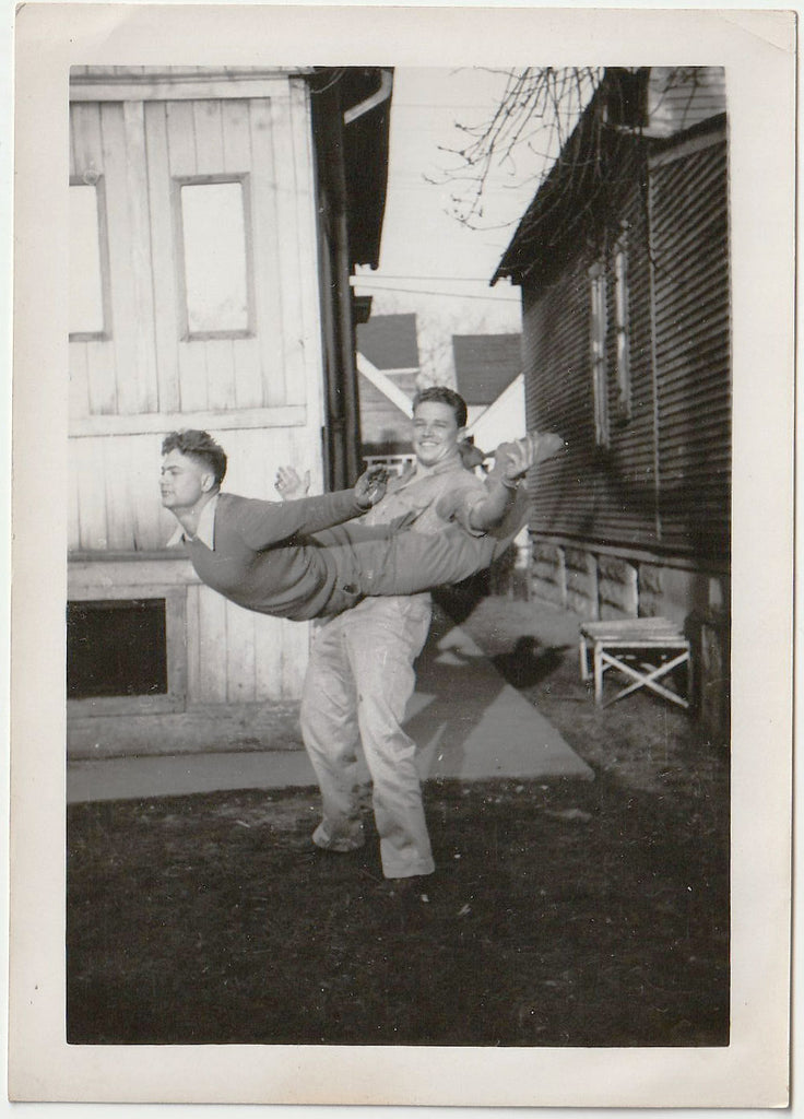 Two Backyard Acrobats vintage snapshot c. 1940.
