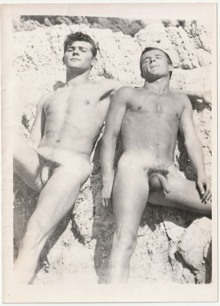 Handsome Nude Duo on the Rocks vintage gay physique photo by Barrington