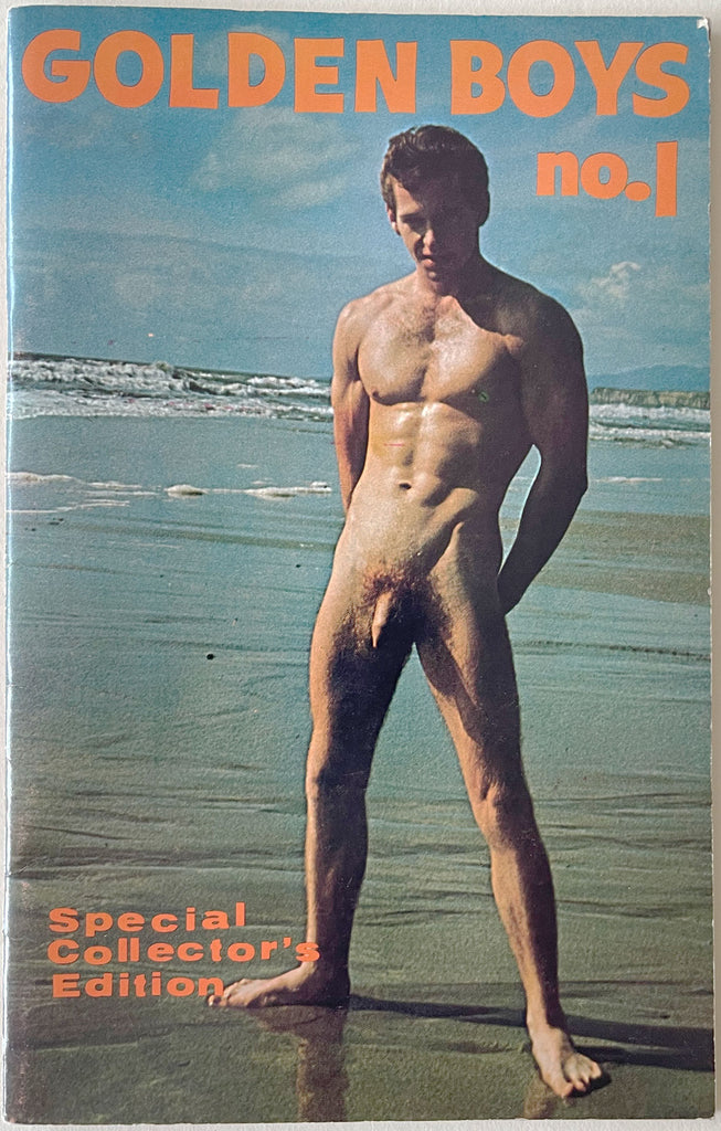 Vintage gay physique magazine 'GOLDEN BOYS no.1' featuring a nude man standing on a beach, with 'Special Collector's Edition' text at the bottom.