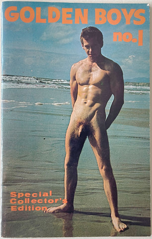 Vintage gay physique magazine 'GOLDEN BOYS no.1' featuring a nude man standing on a beach, with 'Special Collector's Edition' text at the bottom.