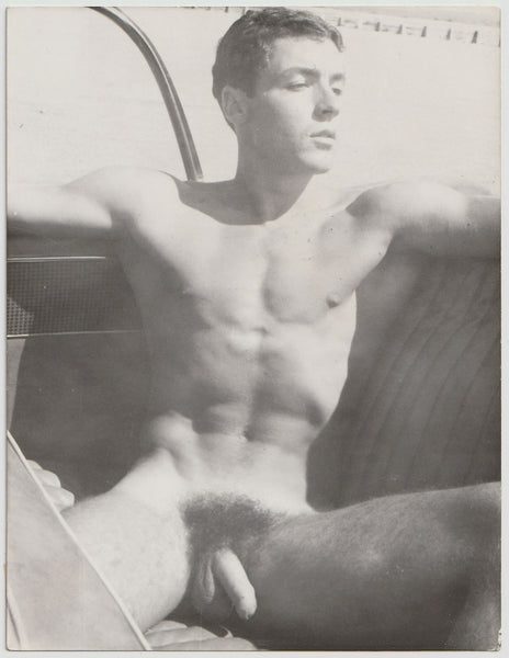 Jean Pierre Martin relaxing naked in the back seat of a car vintage physique photo by Barrington.