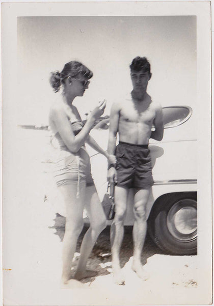 Guy in Swimsuit Holding Purse vintage gay snapshot