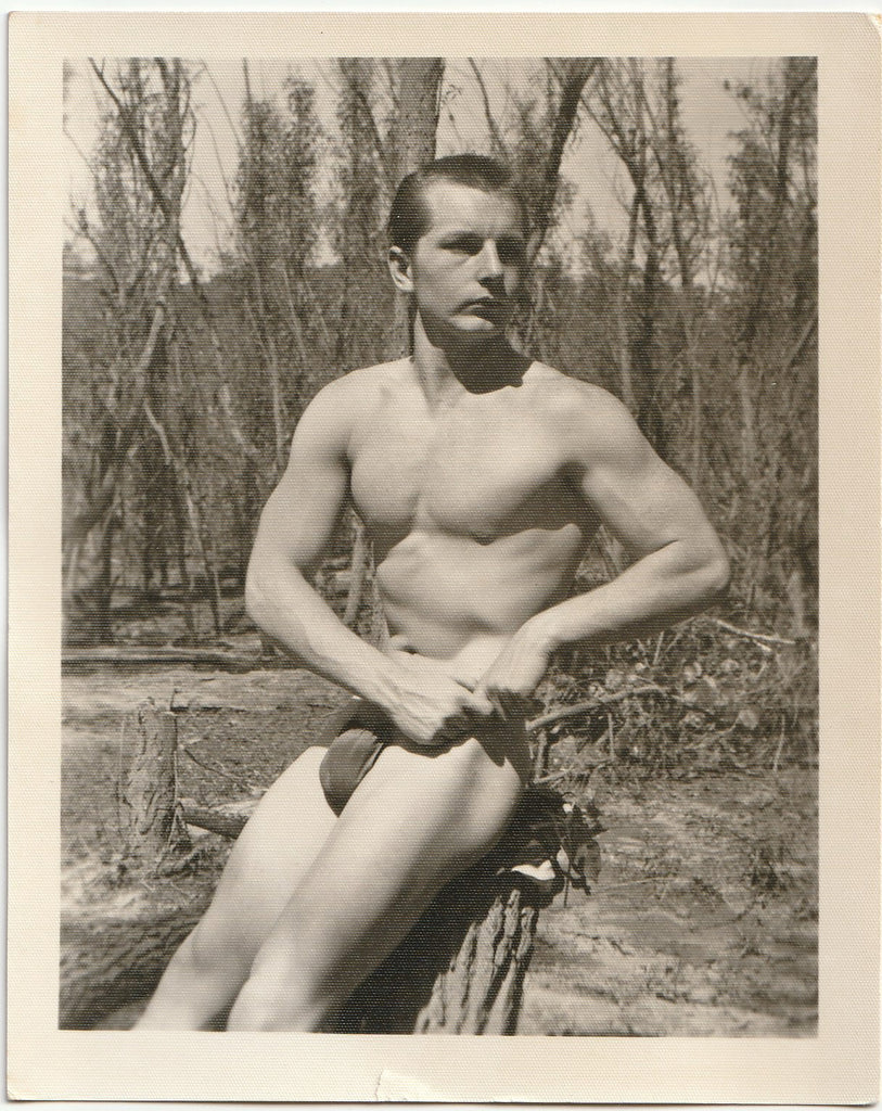 Male Nude on Stump vintage gay physique photo