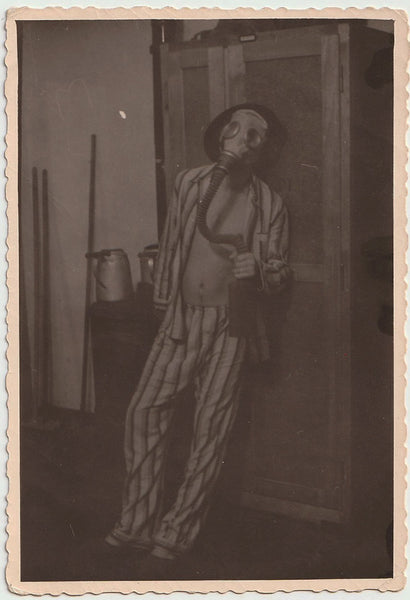 Man Wearing Pajamas and Gas Mask vintage photo
