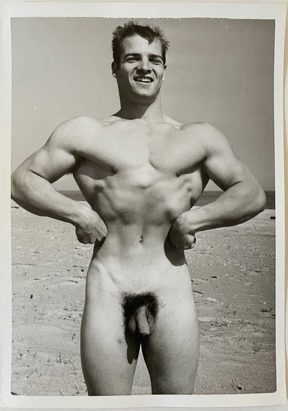 Original vintage photo of handsome smiling David Selhime on the beach, attributed to Bruce of Los Angeles.