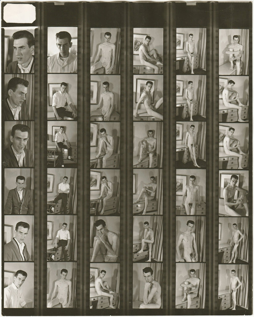 Contact sheet of an unidentified model from headshots to fully nude vintage gay photo.