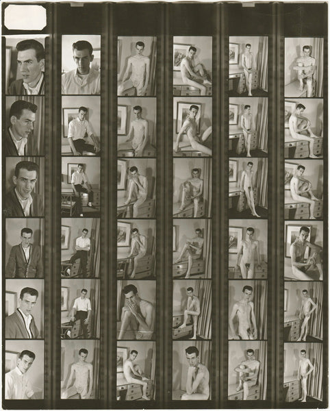 Contact sheet of an unidentified model from headshots to fully nude vintage gay photo.
