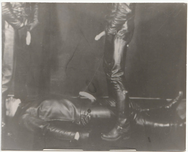 Vintage gay photo two leather guys standing over a third