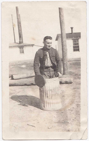 Soldier in Trash Can vintage snapshot