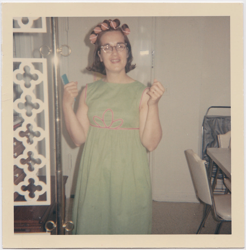 Girl with Curlers in Her Hair vintage Kodak color photo