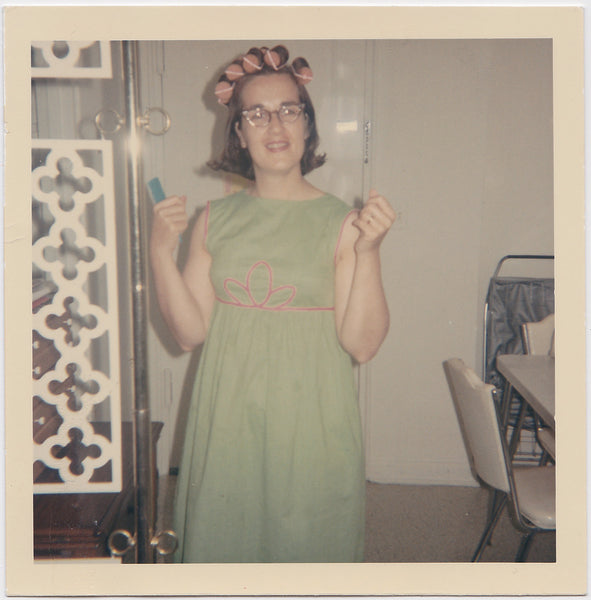 Girl with Curlers in Her Hair vintage Kodak color photo