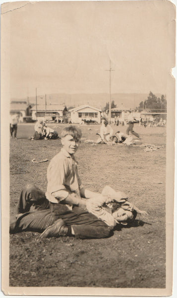 Guys Wrestling in Field vintage sepia photo