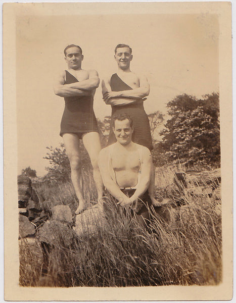 Undated pair of vintage sepia photos, three studly guys outdoors. 