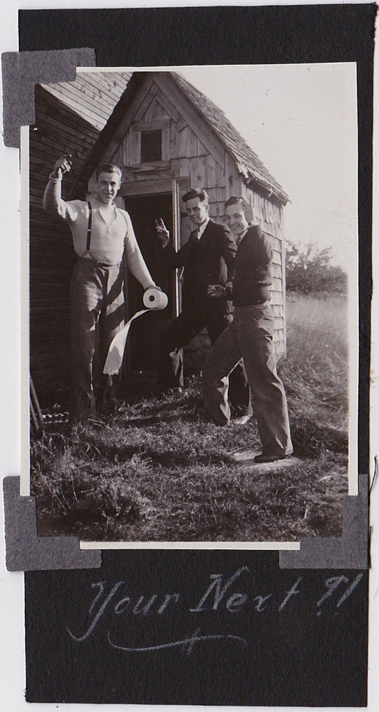 3 men standing in front of the out house vintage snapshot
