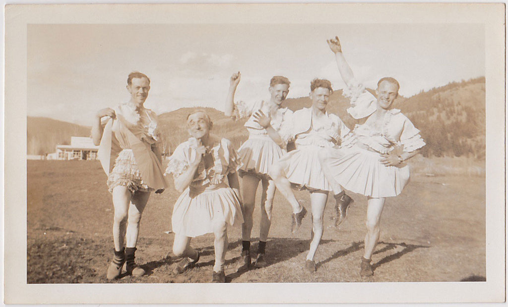 Five Male Dancers in Dresses vintage sepia photo