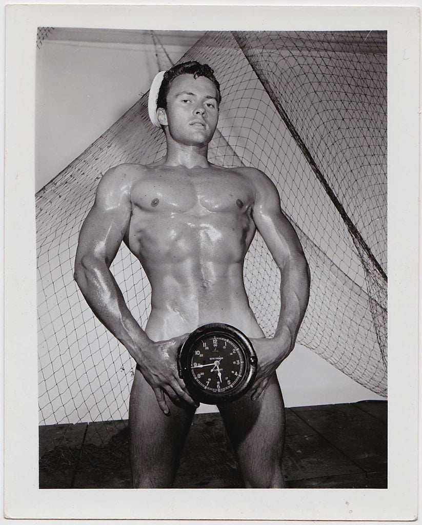 Athletic Model Guild: Wayne Hunt with Ship's Clock c. 1960 vintage gay photo