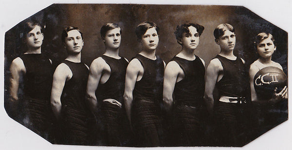 Men in Rows, Basketball Team, Vintage Real photo postcard 1905