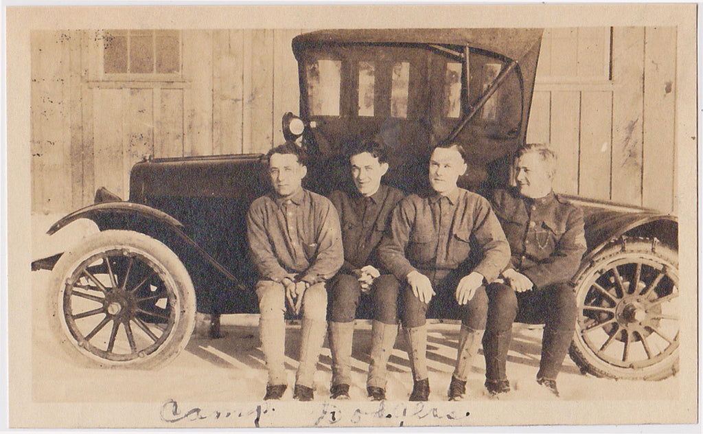 Camp Dodgers cintage snapshot men seated on running board.