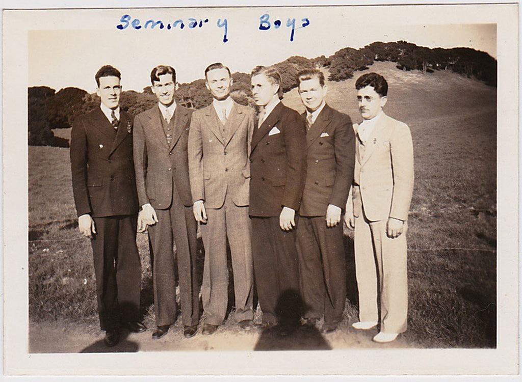 Vintage snapshot Six Seminary Boys standing in the sunshine in their suits and ties