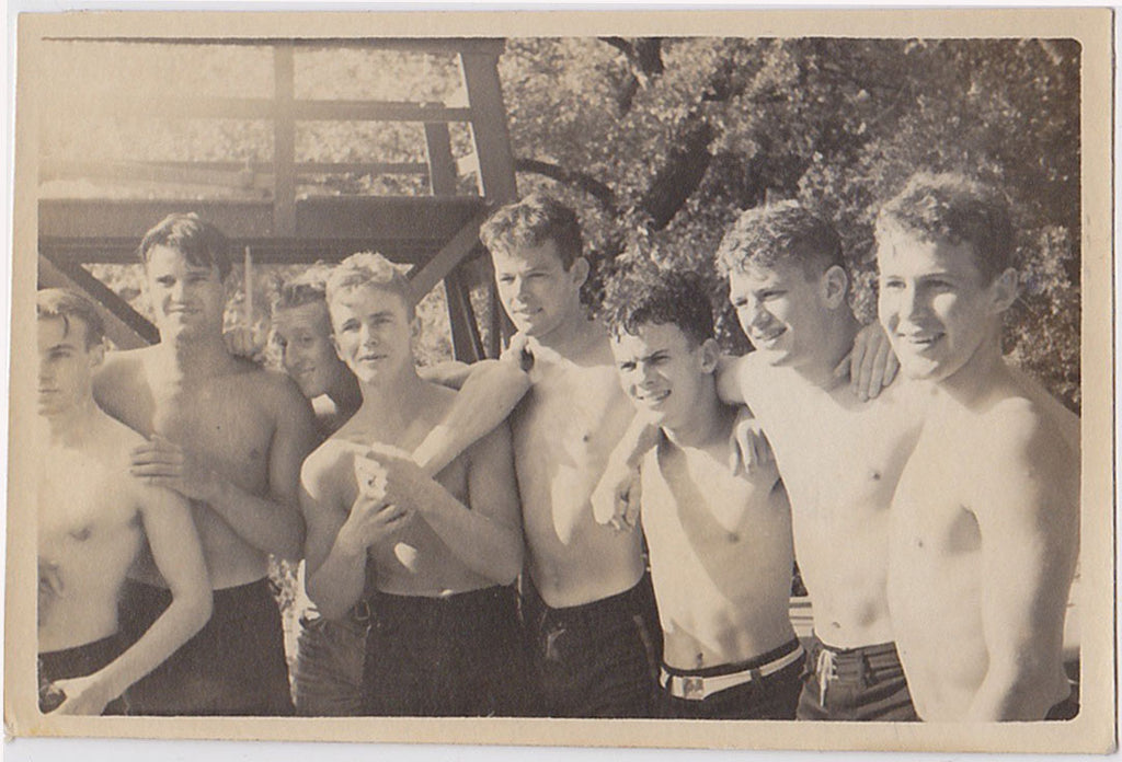 Gang of eight affectionate, happy young shirtless guys vintage snapshot