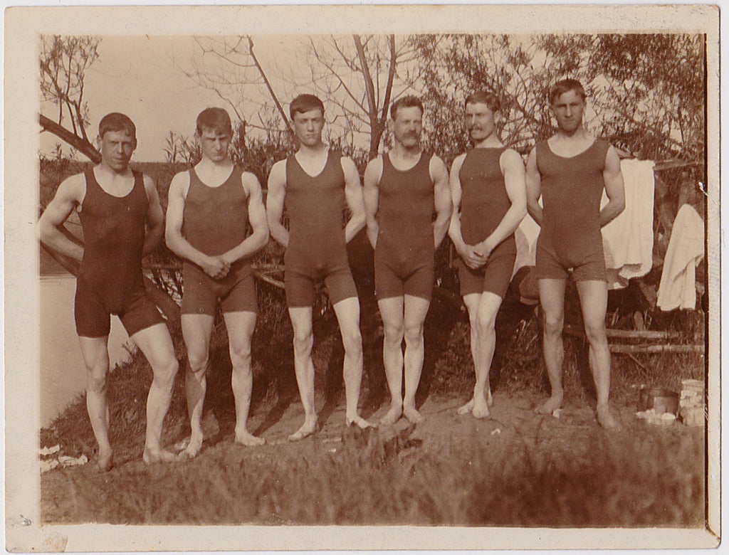 Six Men in Swimsuits vintage sepia snapshot