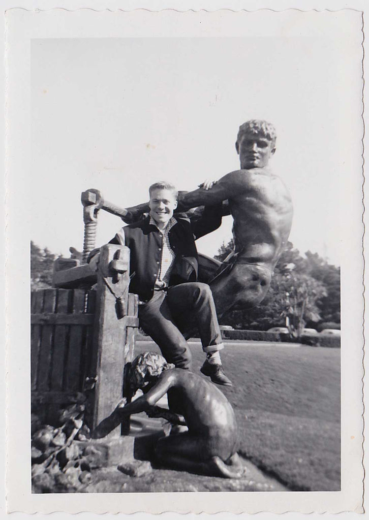 Man Posing with Nude Statue: Vintage Gay Interest Photo